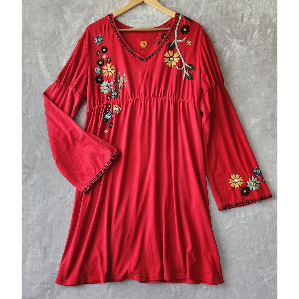 Double D Ranch Dress Womens Size Large Red Floral Embroidered Beaded Sequin